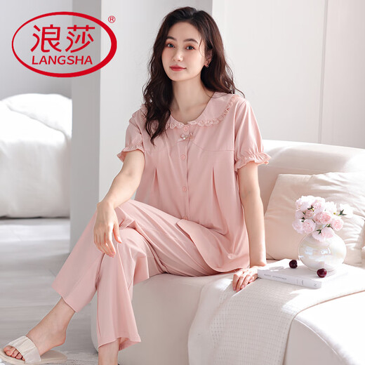 LangSha pajamas (LangSha) women's pure cotton sweet age-reducing with chest pads and feels temperament loose short-sleeved trousers princess style home clothes 694 shrimp powder (with chest pads) M [Suggested 90-110Jin [Jin equals 0.5 kg]]