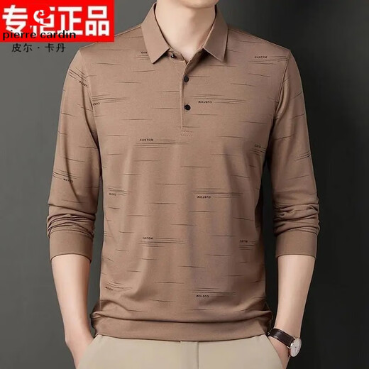 皮尔卡丹（pierre cardin）春季冰丝T恤男士长袖2025新款中年男纯色休闲翻领薄款爸爸体恤衫 829驼色 M 165