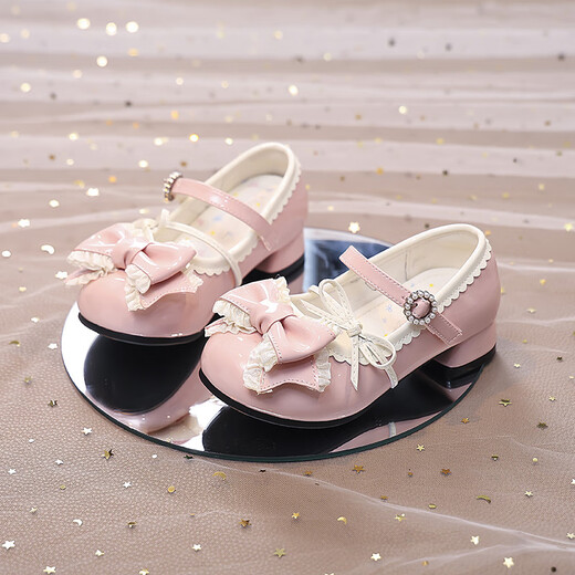 Girls' small leather shoes, children's shoes, princess shoes, spring and summer new little girl high heels, Lolita style shoes, white DDX302 milk puff rice 30, inner length 19.0CM