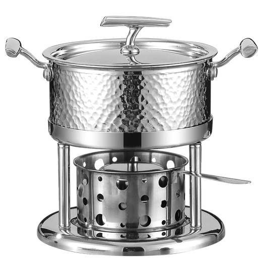 FIREQL high-end commercial 304 stainless steel single-person small hot pot, one person and one pot, household environmentally friendly vegetable oil liquid alcohol stove, one-word ear natural color hammer mark-clear soup pot 16cm