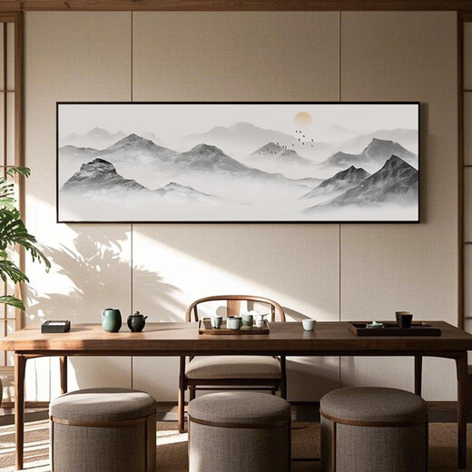 Zilang living room decorative painting sofa background wall ink Zen landscape painting wall hanging painting tea room office calligraphy and painting mural 04-backed 70*210 bright gold aluminum frame + plexiglass SF Express