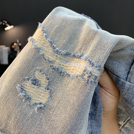 GUANGAN AEPE retro old cat whisker wash ripped denim shorts men's workwear summer loose harem pants men's five-point pants light blue CY3814 36 Recommended weight 170-185 Jin [Jin equals 0.5 kg]