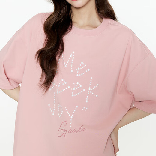 古由卡（GUUKA）情侣装潮流重磅短袖黑色T恤圆领上衣服男装夏季时尚纯棉刺绣印花 粉色F6621 XS