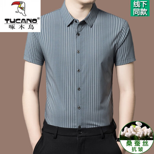 Holzspecker Kurzärärmungs-Hemd Herren Sommer Dünne Eissensen-Elastizität, nicht scanntes Mulberry Seidengeschäft Casual Dünn gestreiftes Hemd Männer dunkelgrau [2603 Modelle] 2xl 180 [Empfohlen 150-170jin [Jin gleich 0,5 kg]]]