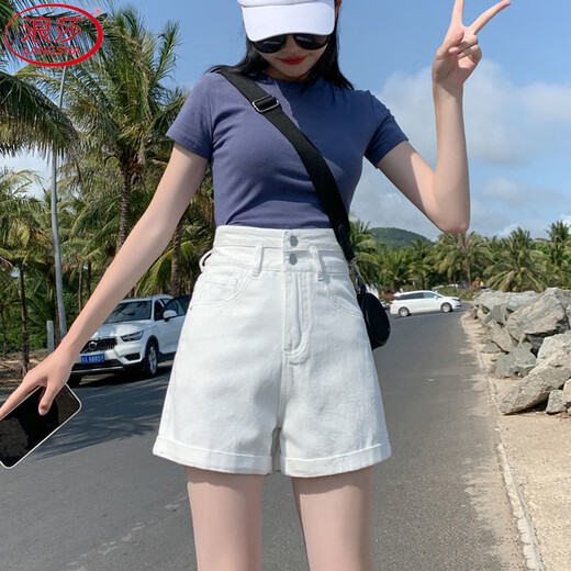 Langsha white denim shorts women's summer new high-waisted straight double-button loose wide-leg outer hot pants ins trend
