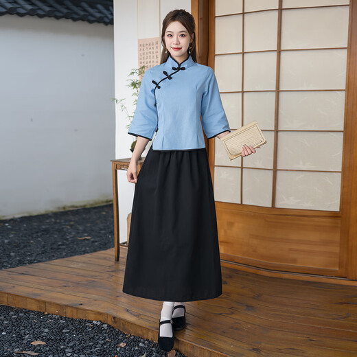 Xin Zhizhan Republic of China student wear for women May 4th youth wear Republican style women's Chinese tunic suit men's stage performance chorus clothing blue top + long skirt M