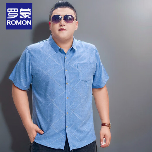 Romon kurzärmelige große Hemd für Männer plus Fett plus großer Baumwollhemd für Männer lose dünne gedruckte große Männer mit halbärmeligem Fett Mann 5155 Sky Blue 5xl (empfohlen 195-220jin [Jin Equals Equals Equals]) Kartencode groß