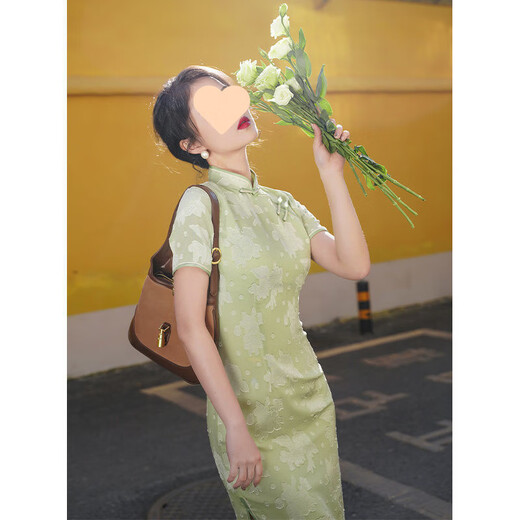 COLORFUL GEMS夏日旗袍白色连衣裙少女气质国风 846米白色 绿色吊坠 M