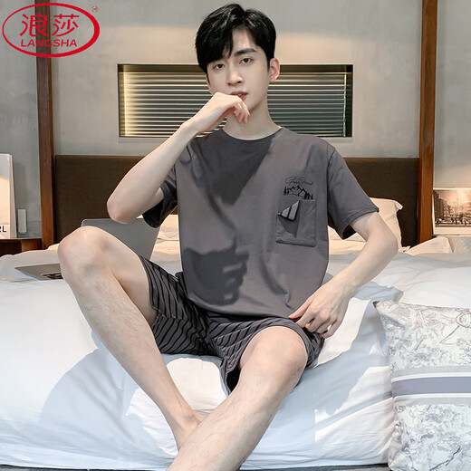 LangSha pajamas men's summer cotton short-sleeved youth middle-aged thin large-size men's summer casual spring and autumn home clothing set 9934 [H series men's short-sleeved shorts suit] 3XL [Recommended 160-180Jin [Jin equals 0.5 kg]]