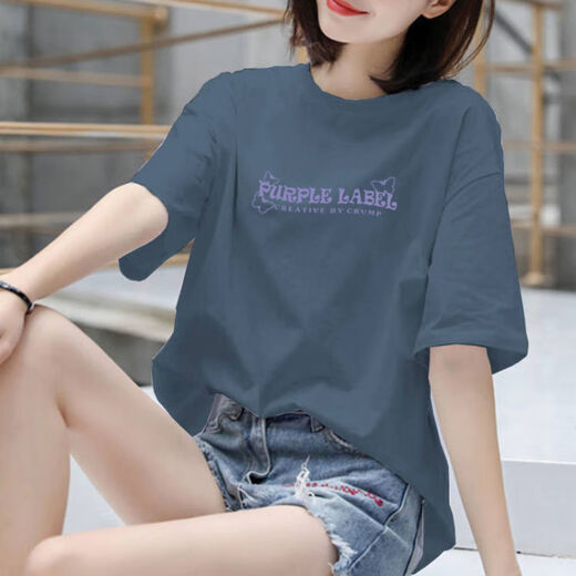 Yi-reduziertes gedrucktes kurzärärmiges T-Shirt für Frauen im Sommer mit mittlerer Länge 2025 Neues, vielseitiges, lose koreanische Version Extra-großer Top 9207Pur Butterfly Letter Rouge Powder L 115-130jin [Jin gleich 0,5 kg]