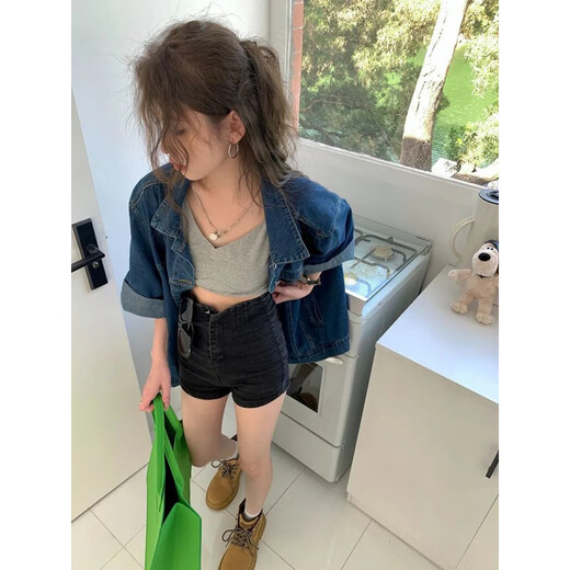 南糖三色港风牛仔短袖衬衫外套女2025夏季新款深蓝色设计感宽松中长款上衣 蓝色#9435 S