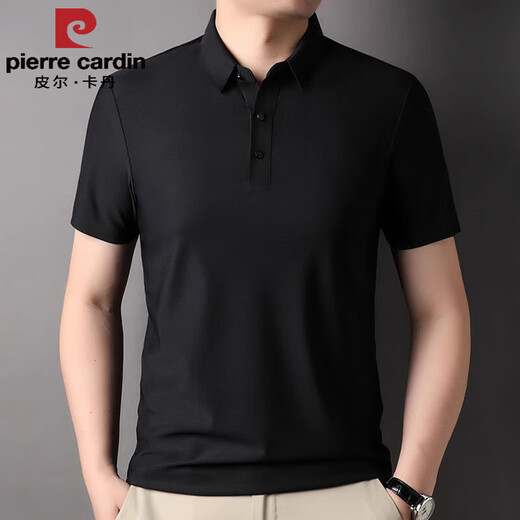 Pierre Cardin Marke High-End Elastic Herren-kurzärmeliges T-Shirt 2025 Sommer Traaceless Thin Ice Seide mit mittlerem Alter Polo-Hemd mit mittlerem Alter 1421 Black M 48 Empfohlenes Gewicht 100-120 Jin [Jin ist gleich 0,5 kg]