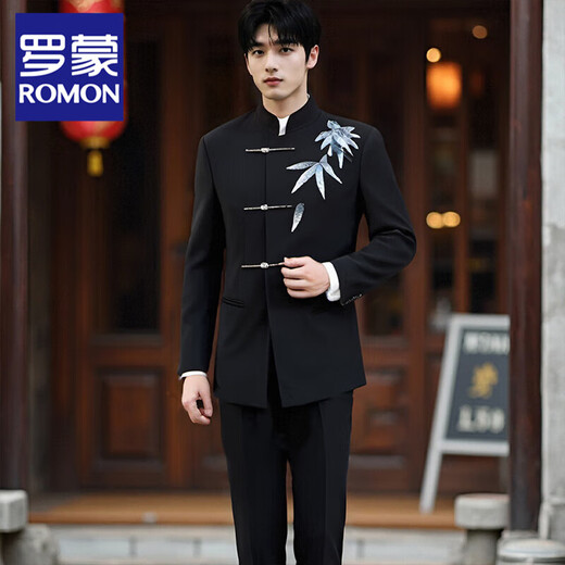 ROMON New Chinese tunic suit groom wedding suit toasting suit retro Tang suit Chinese style jacket black three-piece suit jacket + pants + white shirt L