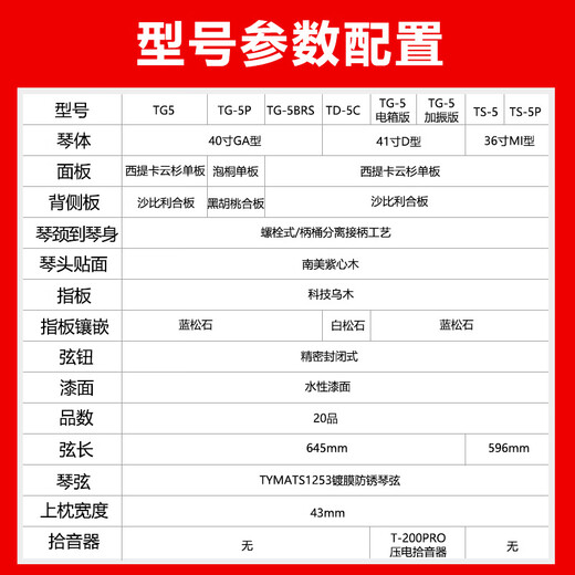 泰玛吉他TG5/TG5P初学者面单板吉他新手入门弹唱指弹电箱民谣木吉他 TG-5 原木哑光-40英寸面单 5系经典面单