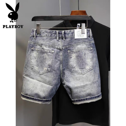 Playboy (Playboy) Sommer Dünne Herren-Denim-Shorts Trendy Marke Ripped 5-Punkte-koreanische Version von Trendy Slim Feet Five-Punkte-Mid-Hose 9712 30