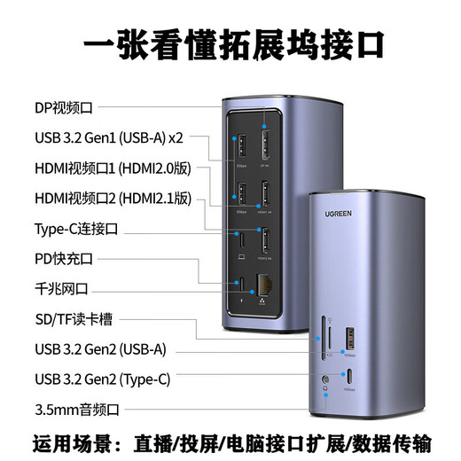 绿联（UGREEN）TypeC拓展坞USBCHDMIVGA适用MacBookiPad 10合1【HDMI+VGA+网卡+音频】15601 CM498多功能拓展坞