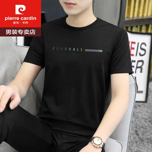 皮尔卡丹（pierre cardin）冰丝短袖t恤男士2025新款夏季薄款体恤夏天休闲潮牌大码男装上衣 1423黑色 M 100斤-110斤