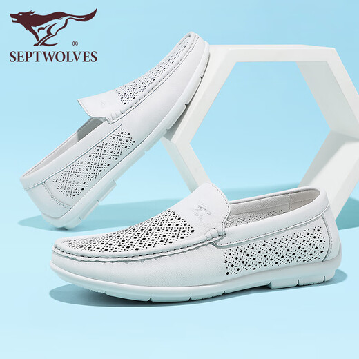 
Seven Wolf men's shoes summer loafers men's one-foot bean shoes hollow breathable business casual leather shoes men's head layer cowhide white 9925 38