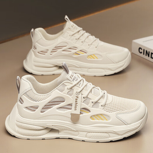 Changxiang Huili Men's Shoes in Summer New Mesh Breathable Casual Shoes Soft Sole Running No Slip Tendencia deportiva elevada zapatos de papá Men F683 Beige 41