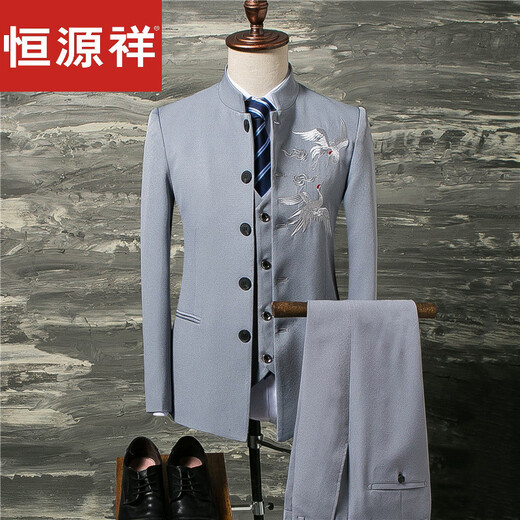Hengyuanxiang Chinese Style Autumn Suit Suit 2025 Autumn Tang Suit Men's Color Crane Embroidery Stand Collar Mao Suit Three-piece Set Navy Blue 3XL