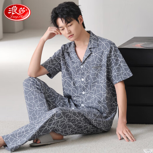 
Langsha pajamas men's summer pure cotton pull-up short-sleeved trousers loose large size can be worn for casual youth home clothing set N9856 L [recommended weight 100-120 Jin [Jin equals 0.5 kg]]