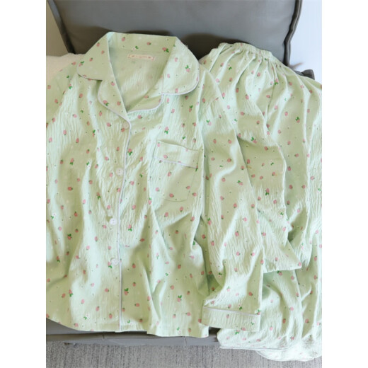 Mimanmei Sweet Strawberry Pajamas for women in spring and autumn summer pure cotton gauze long-sleeved trousers cute student wears home clothes suit 826# Black Rose#[Long Sleeve + Trousers] M [Suggest 80-100Jin[Jin equals 0.5 kg]]