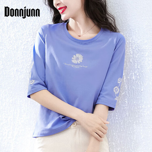 Donnjunn2025 Neuer Frühling und Herbst reines Baumwoll-T-Shirt für das 700-viertel-Hülsen für Frauen mit mittlerem Ärgernis für Frauen kurzärmeliges Sommer-Top W6172 ICE Blue Mid-Ärmeln M (Empfohlen 80-105jin [Jin gleich 0,5 kg]))