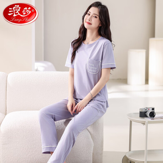 浪莎（LangSha）高档睡衣女薄款2025年新款纯棉短袖长裤家居服套装夏天棉可外穿 7374豆沙粉 M 80-100斤