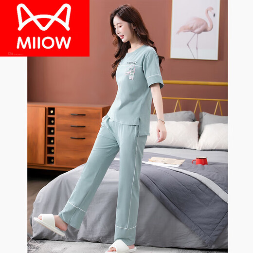 Catman (MiiOW) pajamas for women in summer pure cotton 2025 new short-sleeved trousers home clothing set for thin cotton suits 7374 bean green L 100 120Jin [Jin equals 0.5 kg]