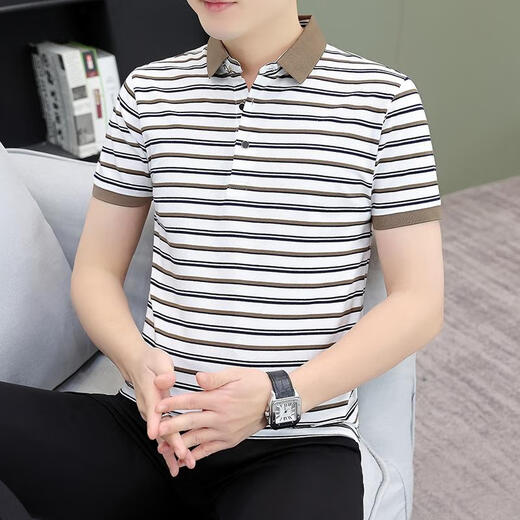 Huanyi Guangdong Puning men's shirt middle-aged and elderly striped daddy shirt men's short-sleeved T-shirt 2025 summer lapel Zhongqing QY756 green khaki M suggests 100-120 Jin [Jin equals 0.5 kg]