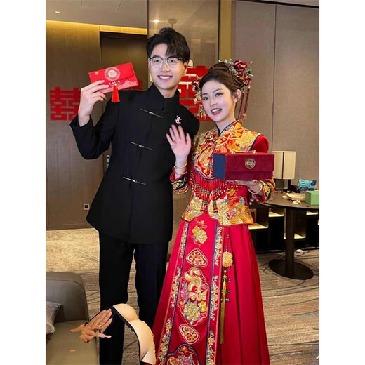 Luo Meng New Chinese Style Stand Collar Casual Suit Wedding Engagement Outfit Groom Luxury Mao Suit Chinese Style Suit Jacket ZS06 Black Top + Pants L 120-135Jin Jin is equal to 0.5 kg