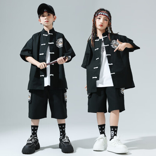 Kamiban Children's Hip-Hop Chinese Style Performance Costumes Child's Child's Childal Cost Boys and Girls New Chinese Street Dance Performance Costumes Trendy 319 Black Cost + 841 White Short Manches 160 cm