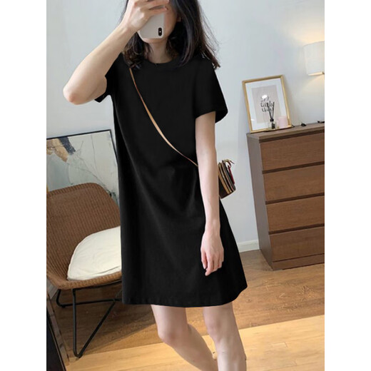 
CEENIU2025 summer new pure cotton short-sleeved T-shirt women's skirt loose casual H-style temperament small dress 6173 dark gray [dress] (orange print) S 80-100Jin [Jin equals 0.5 kg]