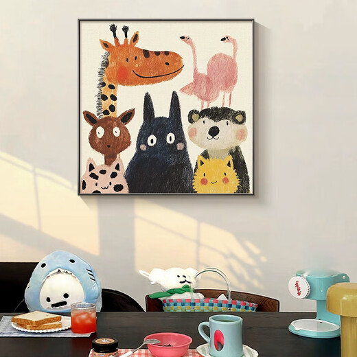 SHANSHUIYAN Cartoon Animals Children's Nordic Decorative Painting Cute and Warm Living Room Sofa Background Bedroom Bedside Square Hanging Painting Cute Animal A 40*40cm Aluminum Alloy Frame + Oil Canvas