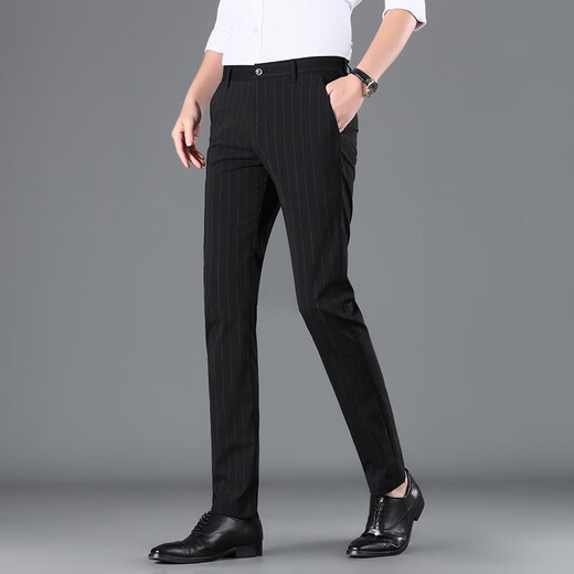 Jiumuwang Pantalones casuales para hombres Pantos de negocios delgados Pantalones de negocios rectos Pantalones largos de seda de hielo delgada para hombres 719 Negro 40