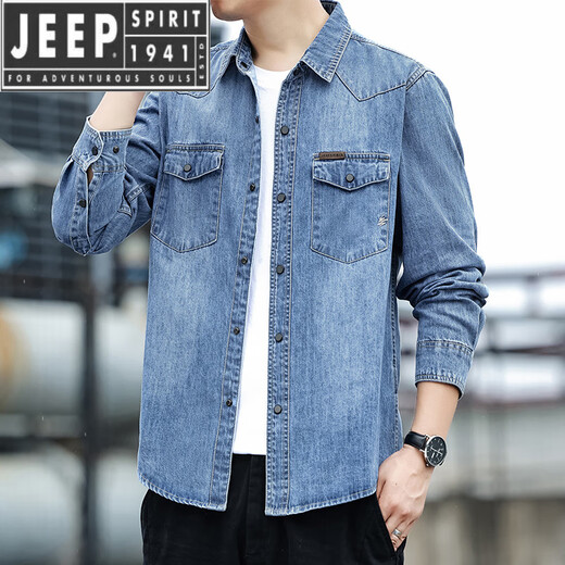 JEEP SPIRIT吉普精神牛仔衬衫男士春秋款时尚宽松休闲长袖衬衣外套百搭 浅蓝 2XL
