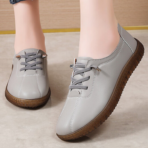 足力健女鞋妈妈鞋夏超软真皮乐福鞋平底防滑镂空洞洞鞋软底同款 7373杏色（四季舒适单鞋） 37