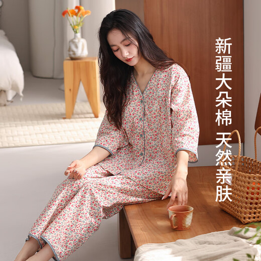 新一步七分袖九分裤女款睡衣V领印花大码开衫透气家居服套装 S4839-琉璃橙 3XL
