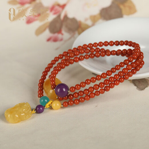 OUCERNY South Red Agate Bracelet Liangshan Wasi Natural Buddha Beads Full Flesh Persimmon Red Multi-Purpose Multi-circle Bracelet with Beeswax Pixiu