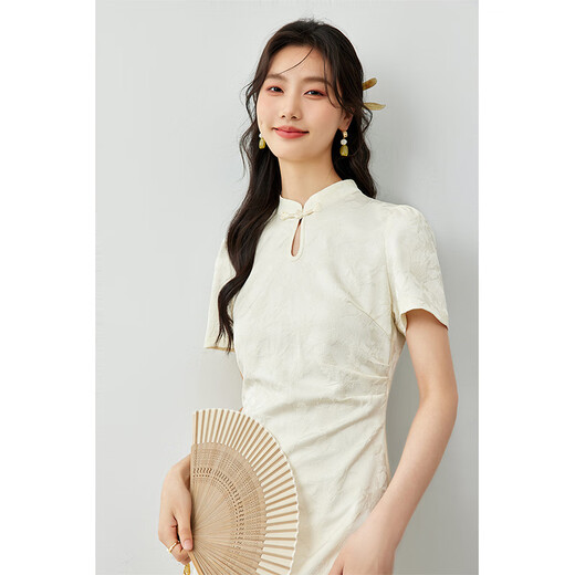 梵希蔓新中式国风提花连衣裙女2025年夏季水滴立领气质旗袍裙子 杏色  M