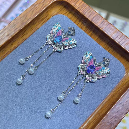 LZJV silver inlaid, non-fading, non-allergenic, natural topaz, tanzanite, painted butterfly necklace, women's national style fidelity, free certificate, topaz sky blue pendant