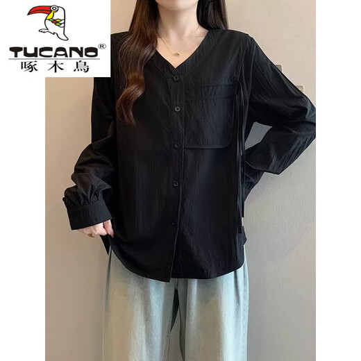 Woodpecker (TUCANO) right shoulder sun protection shirt women's large size V-neck 2025 spring and autumn large size fat mm irregular shirt ribbon top blue shirt XL 120-150Jin Jin equals 0.5 kg