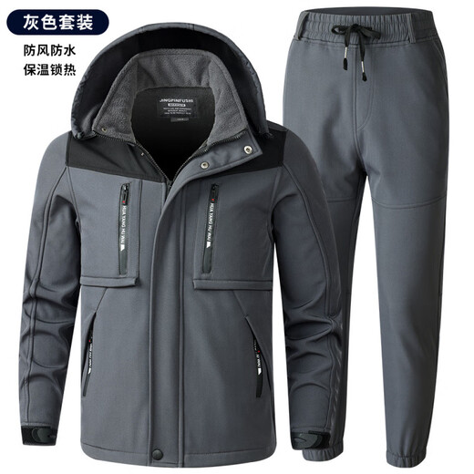 FHHUABD冬季加绒加厚冲锋衣套装男防风防水保暖户外登山服防寒冲锋衣工装 683绿色加绒套装【防水】 2XL 180码建议140-160斤
