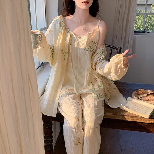 MONTAGUT pijamas de algodón de nube para mujer primavera y otoño tirantes de manga larga conjunto de tres piezas hojas lindas estilo puro deseo ropa para el hogar 2025 nuevo estilo tfn#f9928 talla única m recomendado 75-95Jin Jin equivale a 0,5 kg