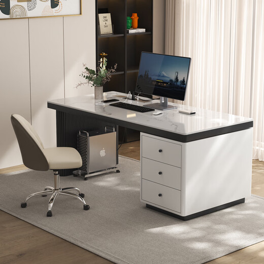 Verdanten minimalist modern style computer desk bedroom student study table new home slate desk study office writing desk black feet + off-white cabinet + snow mountain white glossy surface 140*60*75 single table with desktop row + threading hole + host position
