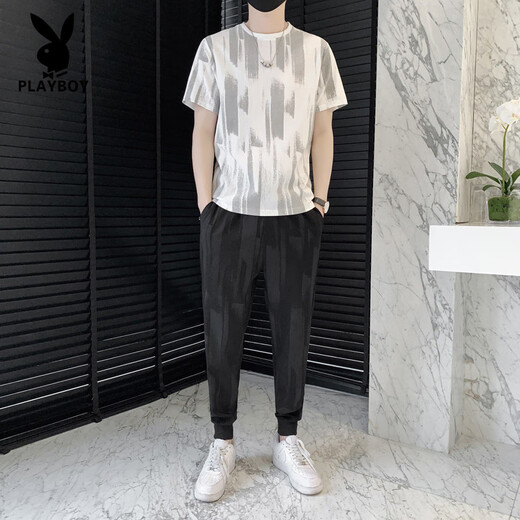 Playboy (Playboy) Suit T-shirt à manches courtes pour hommes à manches courtes pour hommes Slim Fit Men de neuf points de neuf points Sports décontractés en deux pièces White 719 m recommandée 85-105jin [Jin est égal à 0,5 kg]