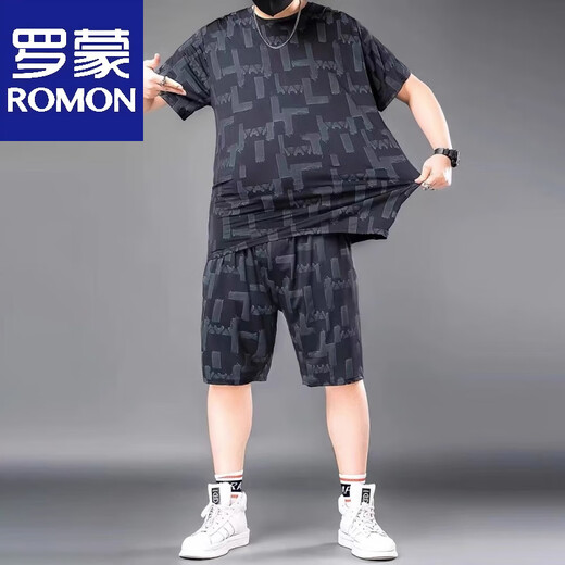 罗蒙120-280斤冰丝时尚休闲T恤套装男夏季薄款运动服弹力宽松两件套 826黑色【冰丝套装】 XL 建议120-140斤