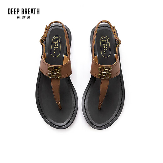 DEEP BREATH深呼吸女鞋牛皮T字带平底度假风夹脚凉鞋女鞋AX14117 棕 39