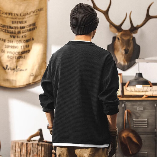 Jay Leno fake two pieces American retro heavyweight European velvet cotton long-sleeved T-shirt men's autumn 2025 new tough guy Henry shirt black 2XL suitable for 160-180Jin Jin is equal to 0.5 kg