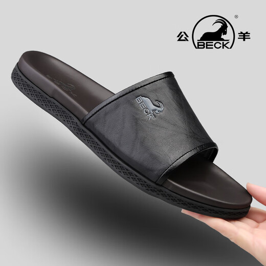 公羊一字拖鞋男高端夏季新款外穿真皮软皮软底男士凉拖 黑色  40 